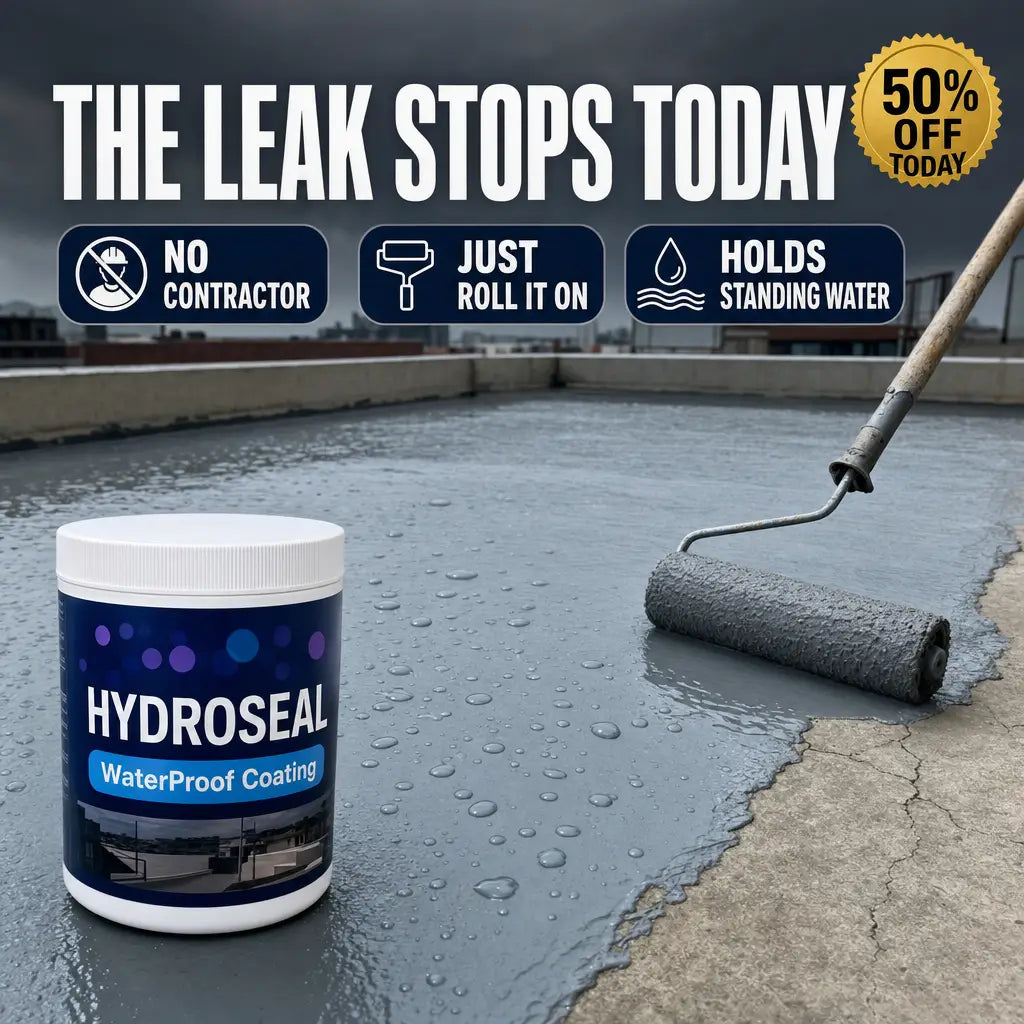 HydroSeal waterproof coating being rolled onto a cracked concrete roof, the leak stops today