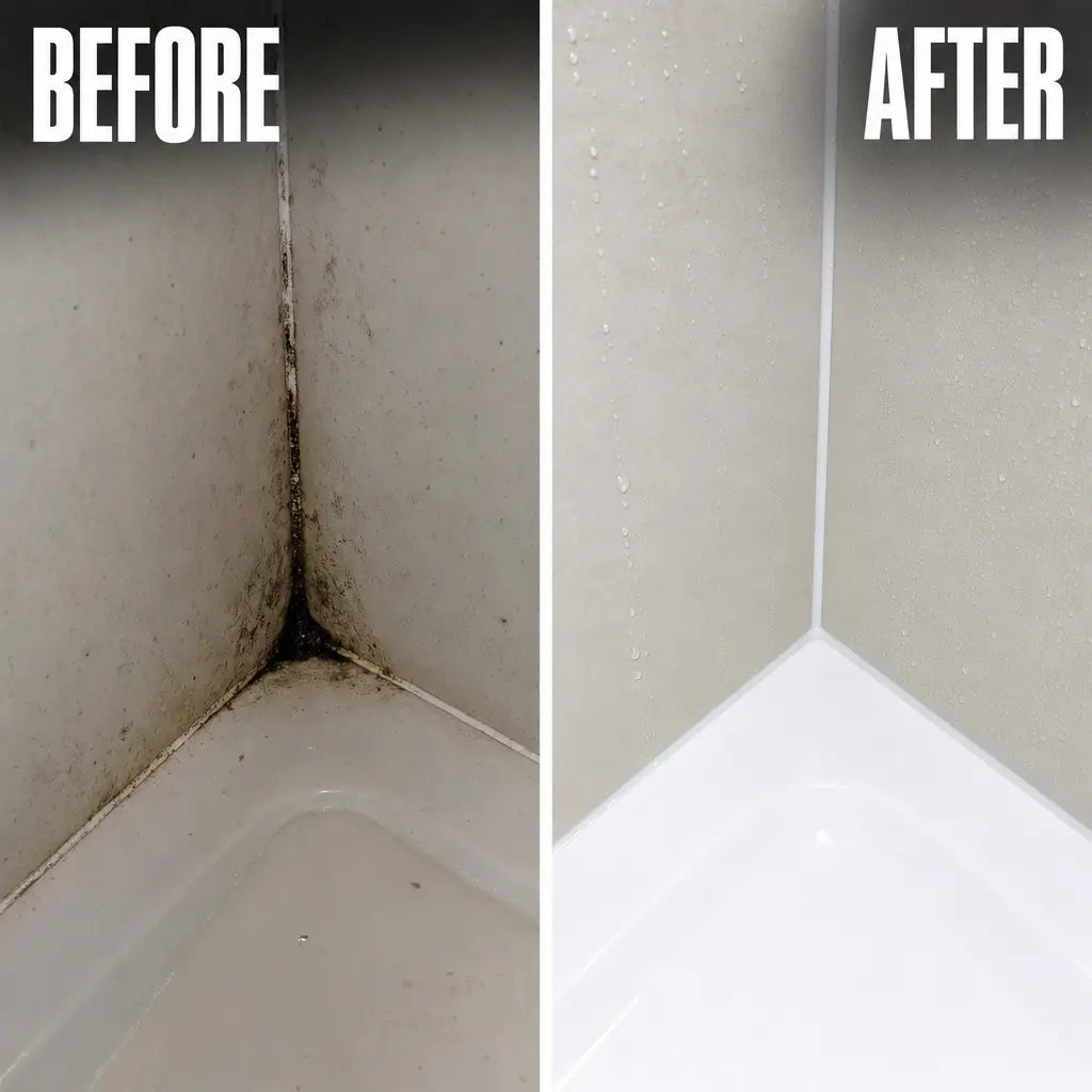 Before and after, a moldy shower corner sealed clean and dry with HydroSeal