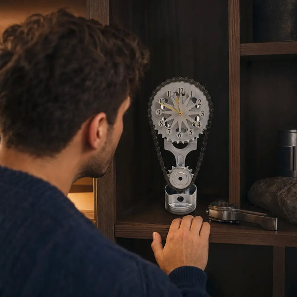 A guest leaning in to look closely at the TimeForge clock on a shelf