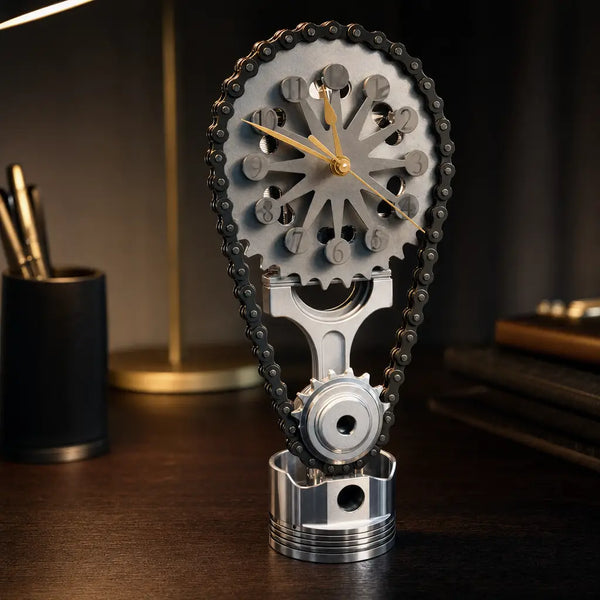 Close up of the TimeForge timing chain and gear teeth at night