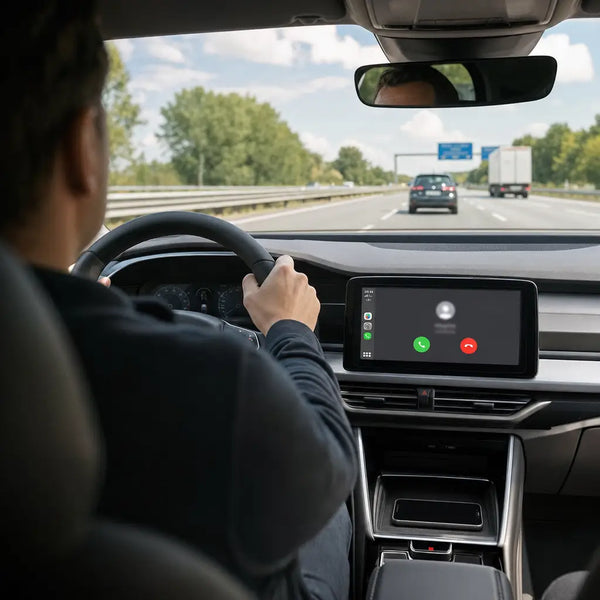 Driver with both hands on the wheel, call on the car screen