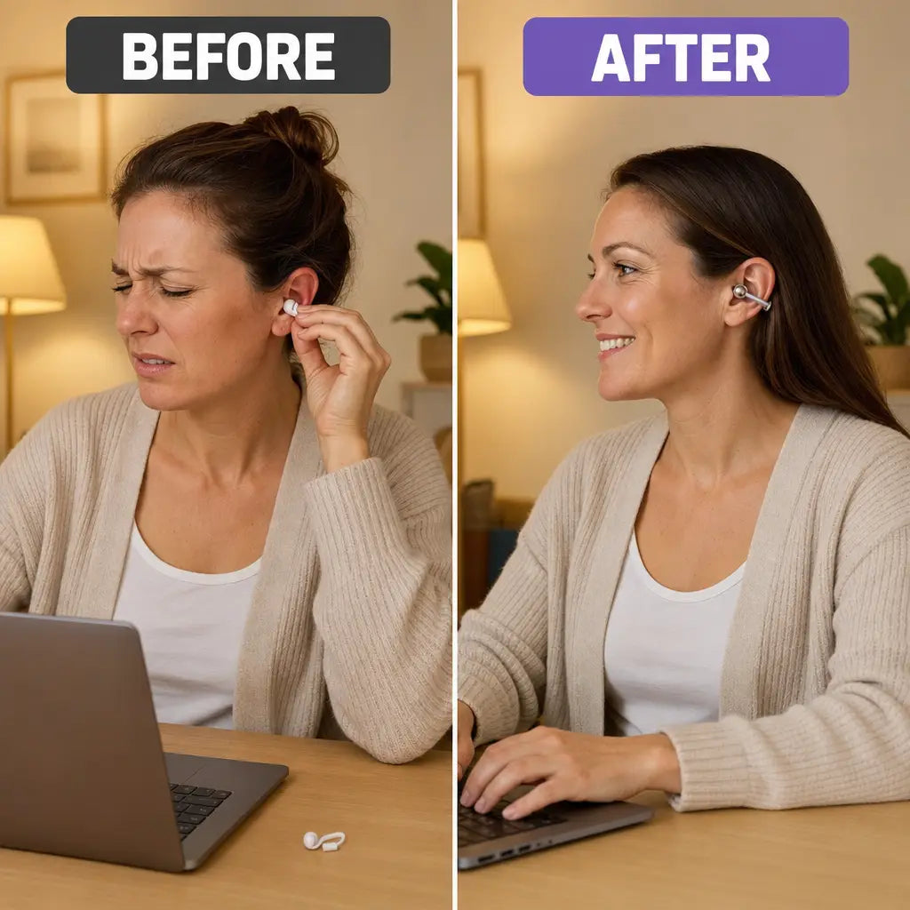 Before and after: sore ear with an in-ear bud, then comfort with the OpenBeats clip at a desk