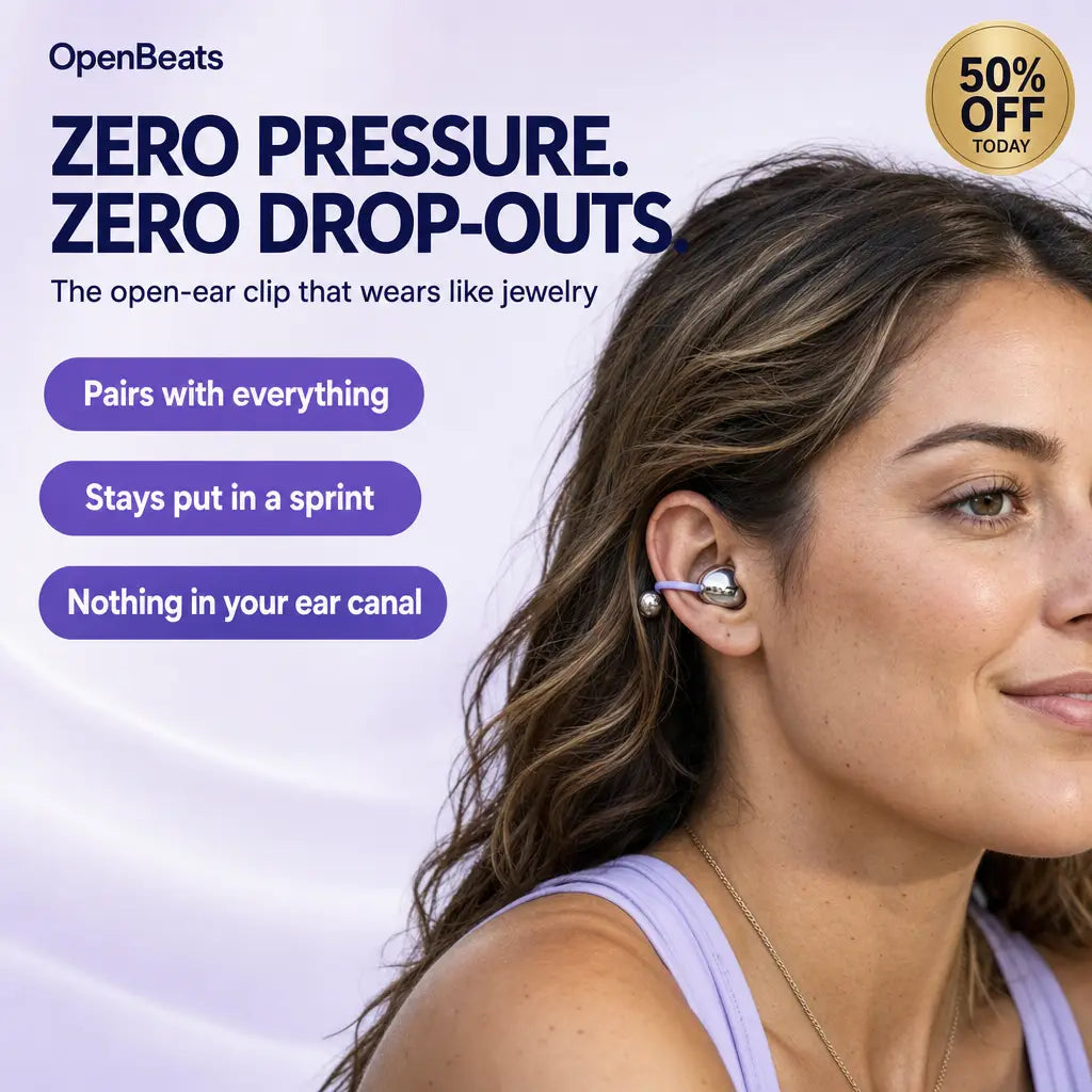 OpenBeats open-ear clip earbuds, zero pressure, zero drop-outs, 50% off today