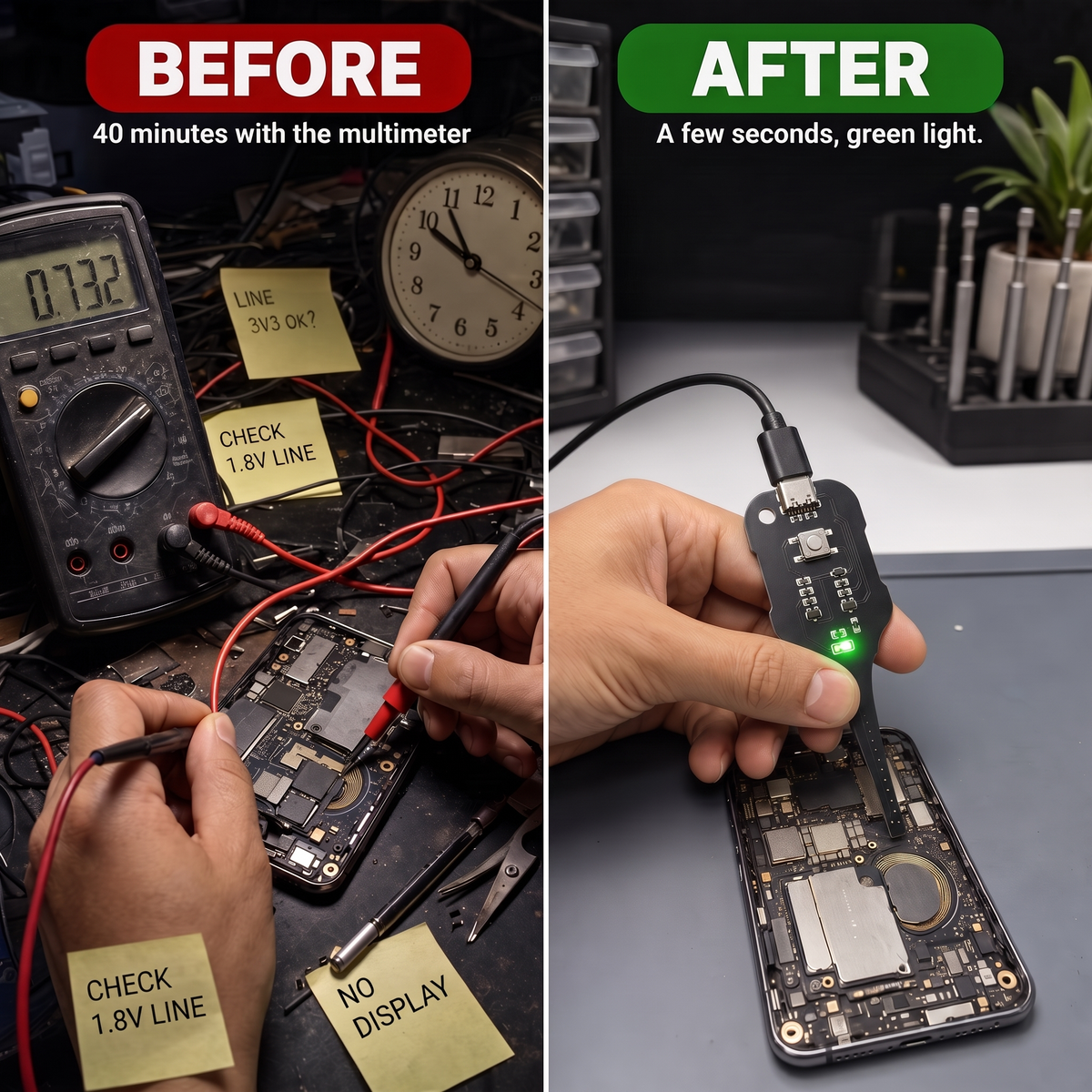 Before and after: two evenings with the multimeter versus a few seconds with CircuitSense™