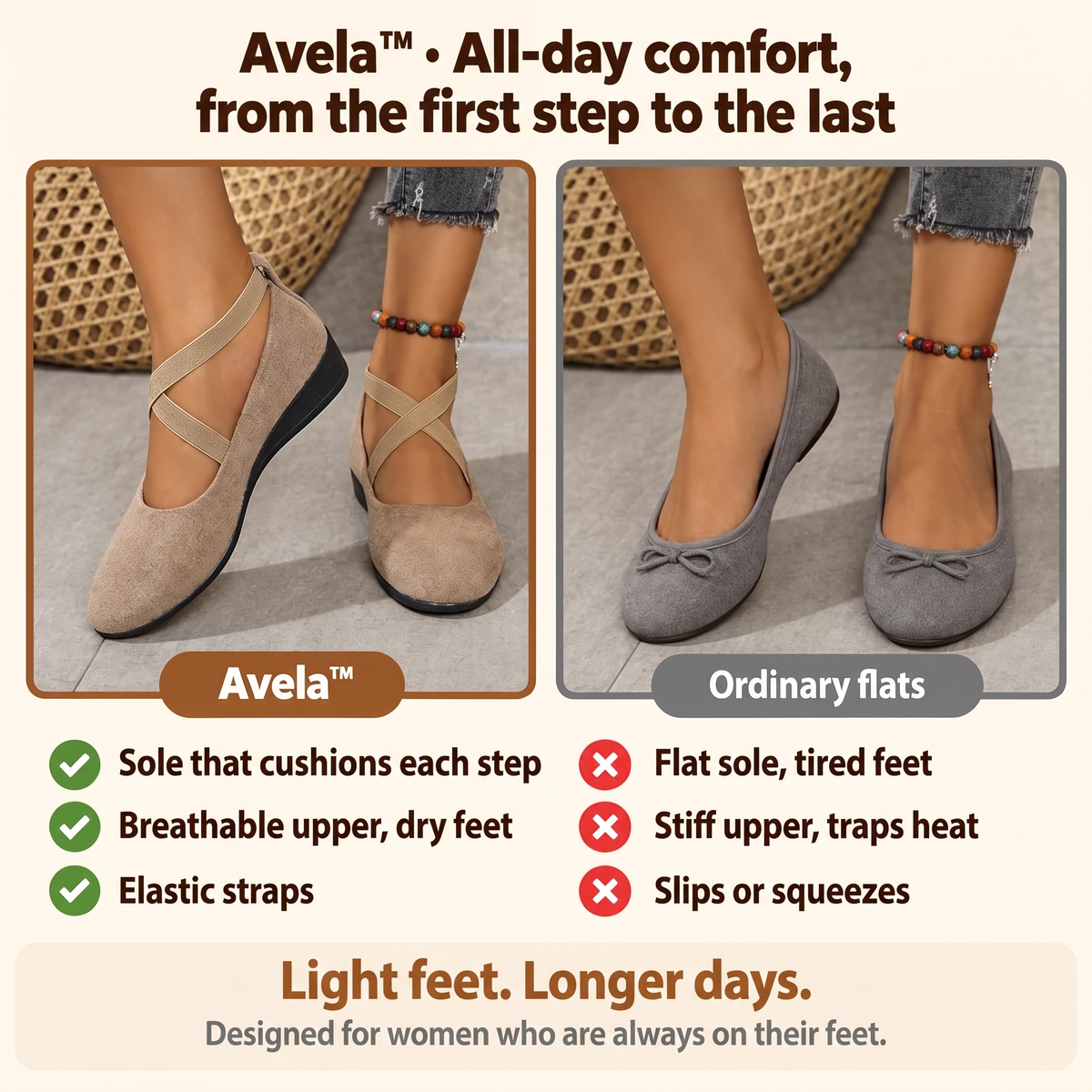 Avela™ versus ordinary flats: cushioned sole, breathable upper, elastic straps