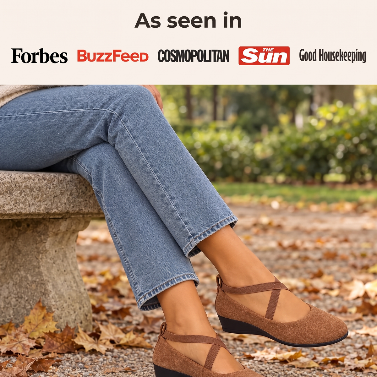 As seen in Forbes, BuzzFeed, Cosmopolitan, The Sun, Good Housekeeping: brown Avela™ flats on a park bench