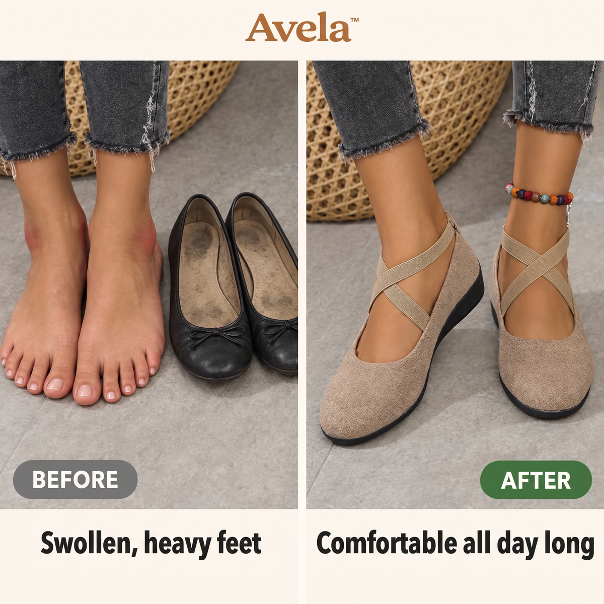 Before and after Avela™: swollen, heavy feet in the evening, then comfortable all day
