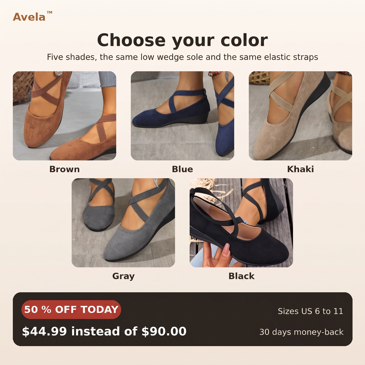Choose your color: brown, blue, khaki, gray, black, 50% off today
