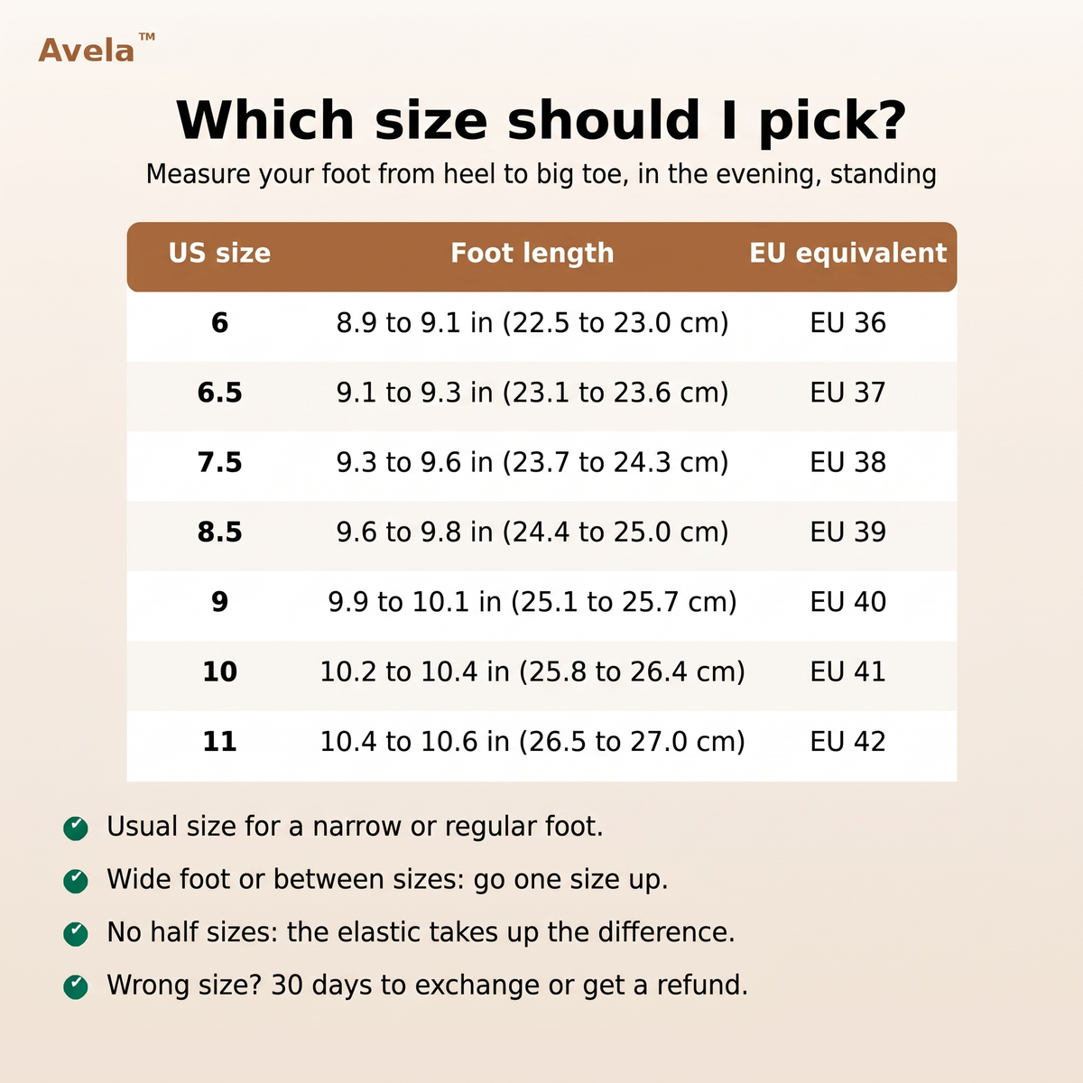 Avela™ size guide, US 6 to 11 with foot length in inches and centimeters