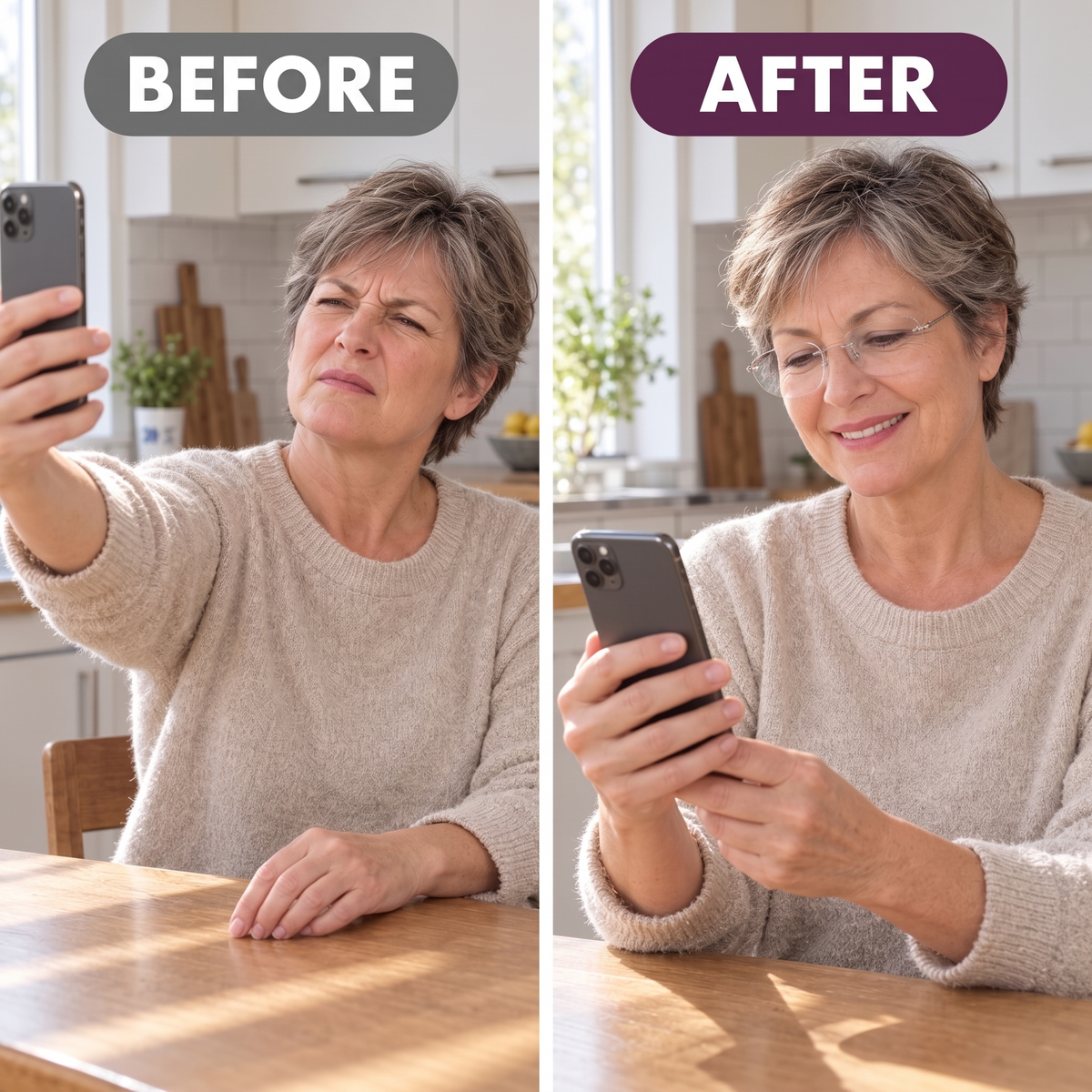 Before and after with ChicVision reading glasses