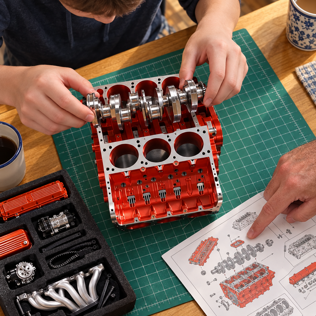 A teenager fits the crankshaft into the PistonPlay kit block while his father points to the manual