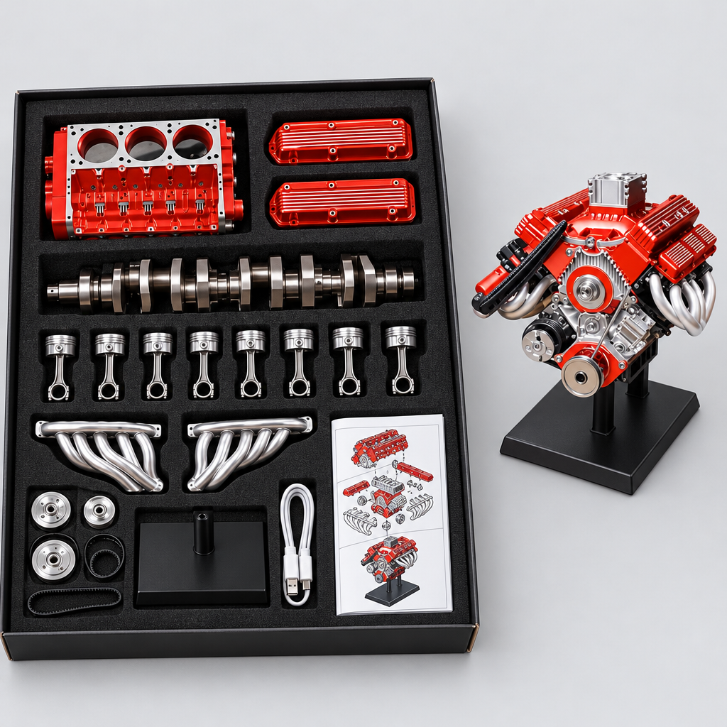 PistonPlay kit contents: parts nested in foam next to the assembled engine