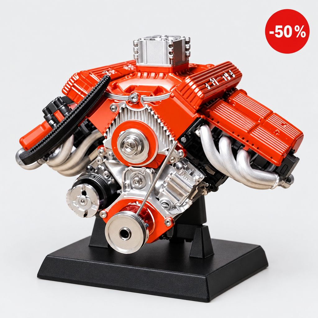 PistonPlay™ red V8 engine model on its stand, 50% off offer