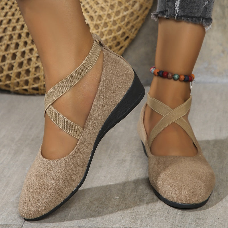 Avela™ khaki wedge flats, close-up
