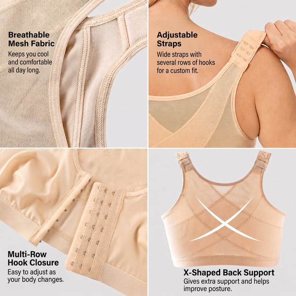PostureBra details: breathable mesh, adjustable straps, front hooks, X-back