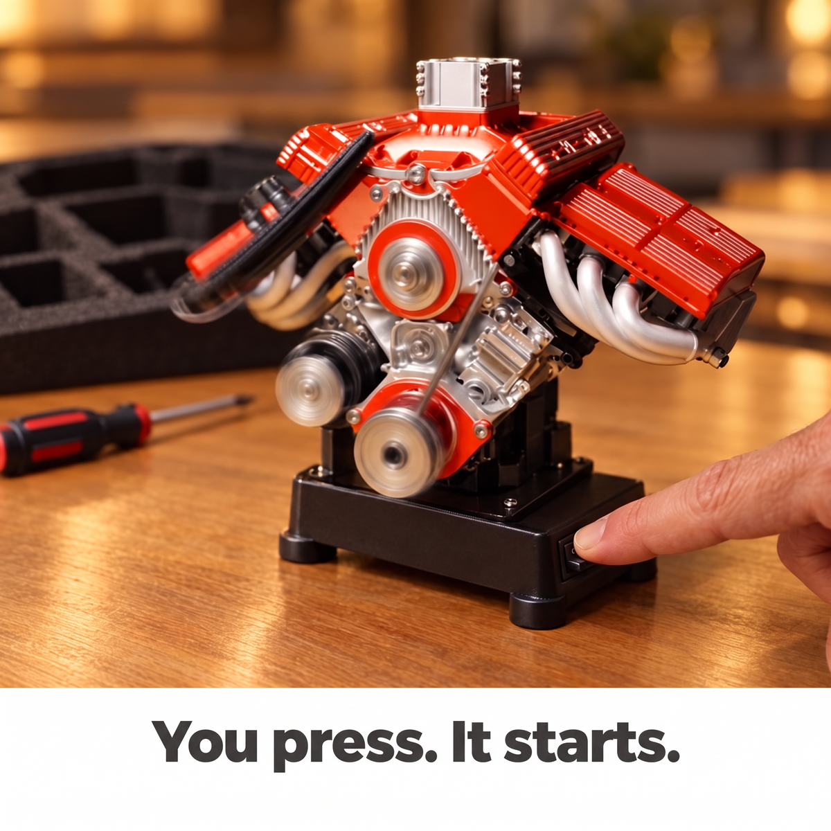 Press the button and it starts: the PistonPlay engine running on the kitchen table