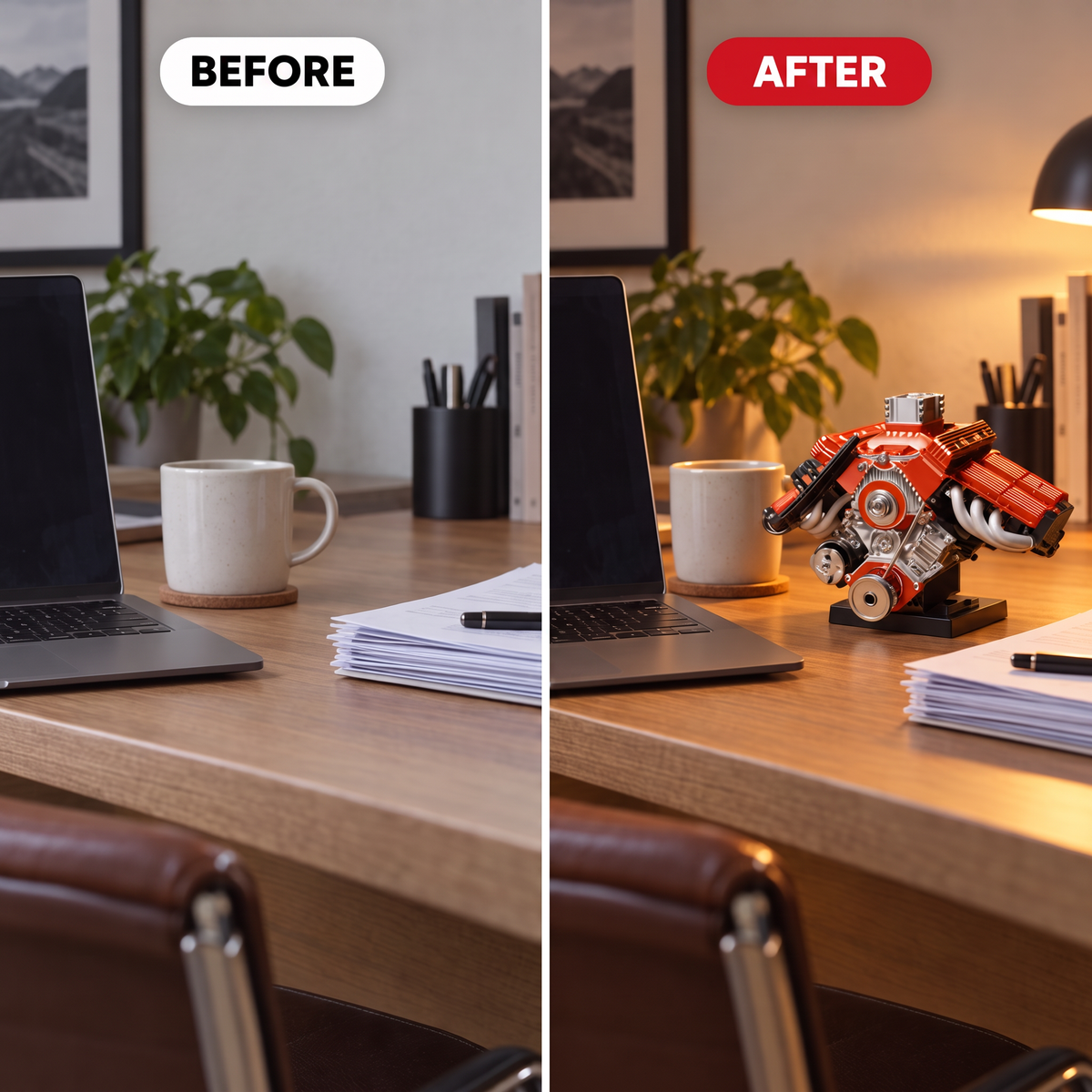 Before and after: the same desk, with the PistonPlay engine next to the computer