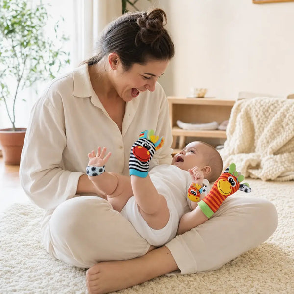 Mother and baby laughing together with RattlePals rattles