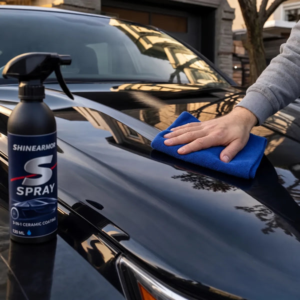 Wiping a black hood with ShineArmor spray and a microfiber cloth