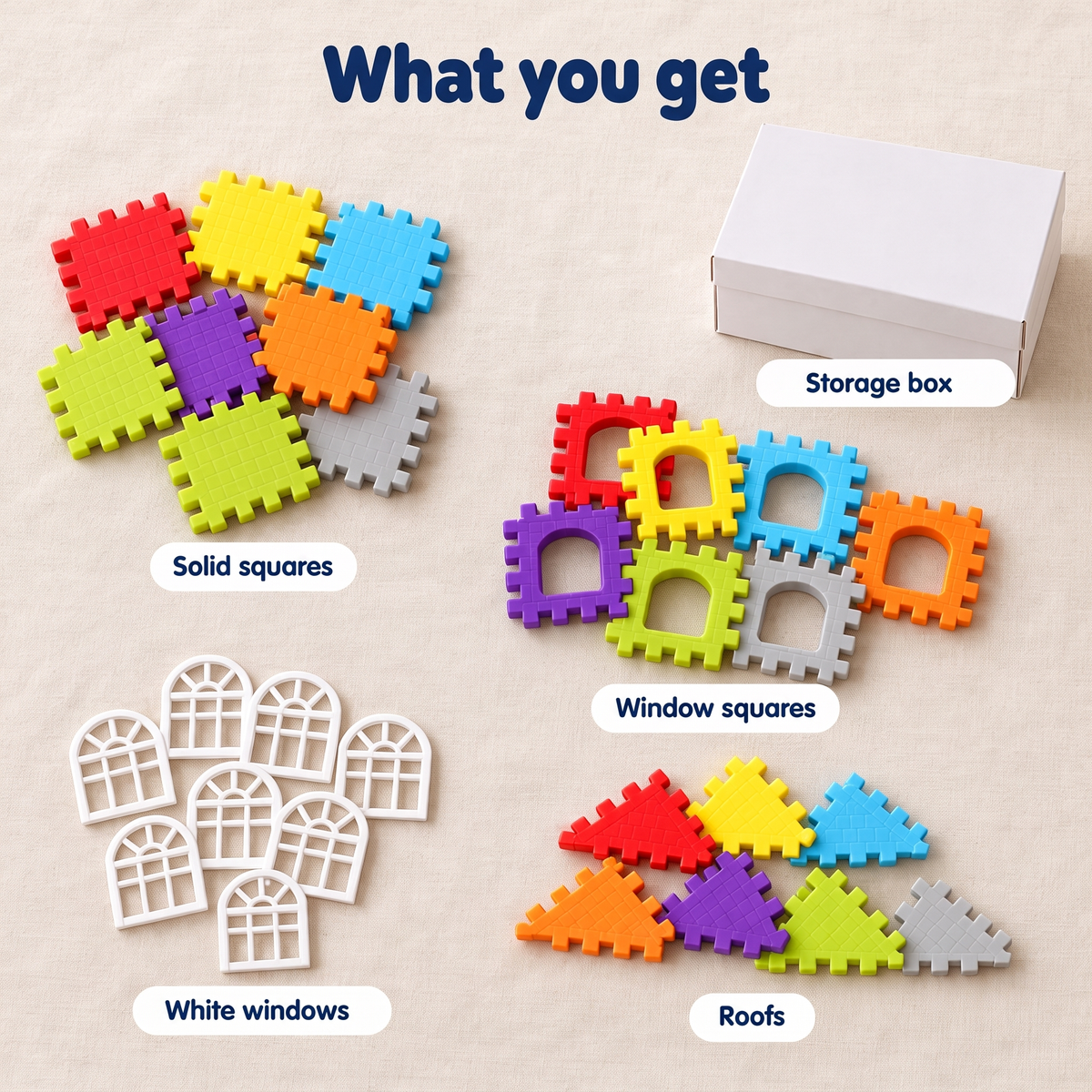 What you receive: solid squares, window squares, windows, roofs and accessories