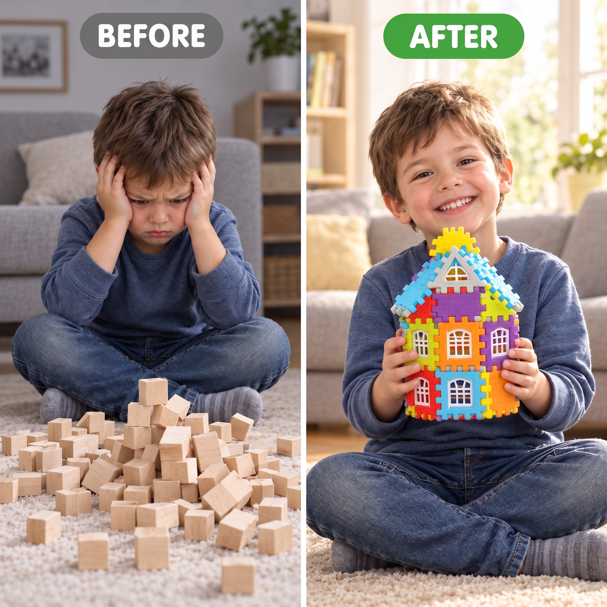 Before: a collapsed tower of small cubes. After: a SnapBlocks house that stands