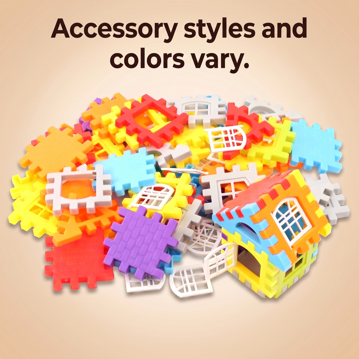 Pile of SnapBlocks pieces: accessory styles and colors vary