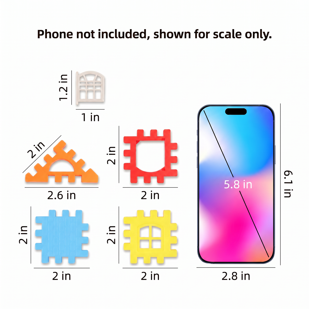 Actual size of SnapBlocks pieces: 2 in (5 cm) squares, 2.5 in (6.5 cm) roof, 1 x 1.2 in window, next to a phone