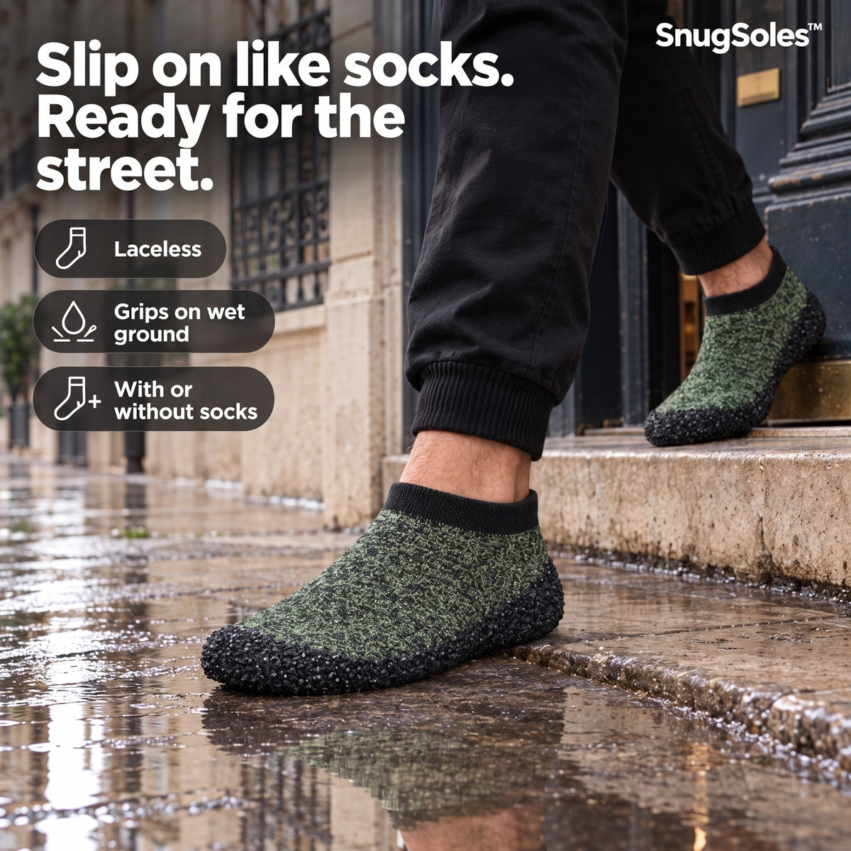 Green SnugSoles on a wet doorstep: slip on like socks, ready for the street