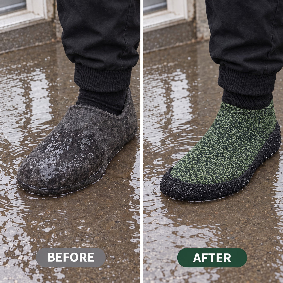 Before: soaked slippers. After: SnugSoles on the wet sidewalk