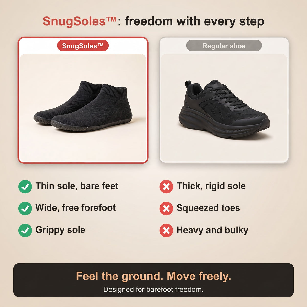 SnugSoles versus a regular shoe: freedom with every step