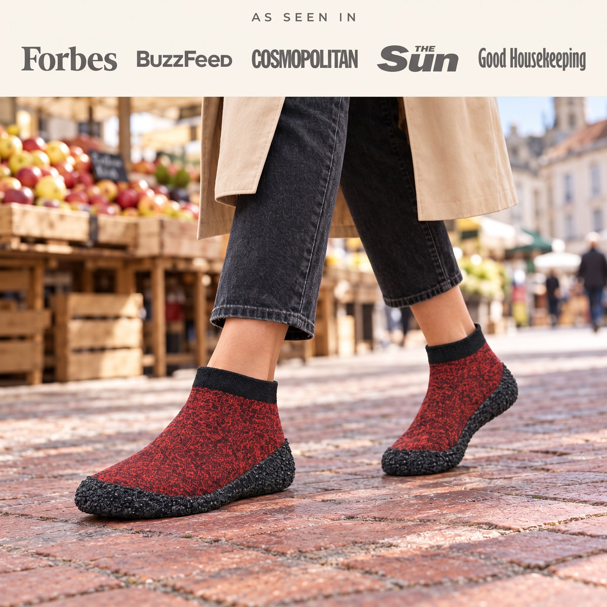 Red SnugSoles at the market, as seen in Forbes, BuzzFeed, Cosmopolitan, The Sun and Good Housekeeping