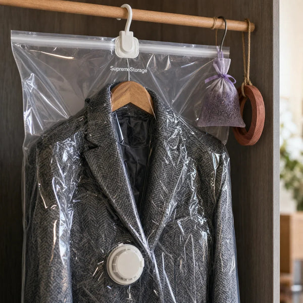 SupremeStorage vacuum bag shrunk onto a puffer jacket, zip and valve visible