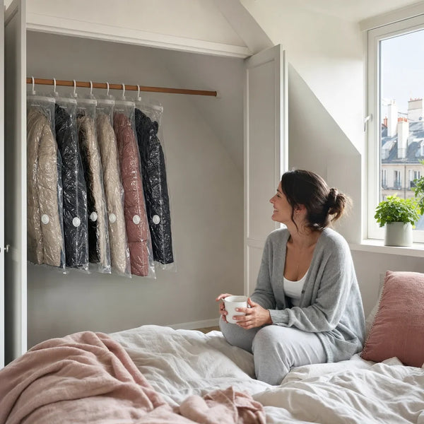 Closet with SupremeStorage vacuum bags and free space on the rod