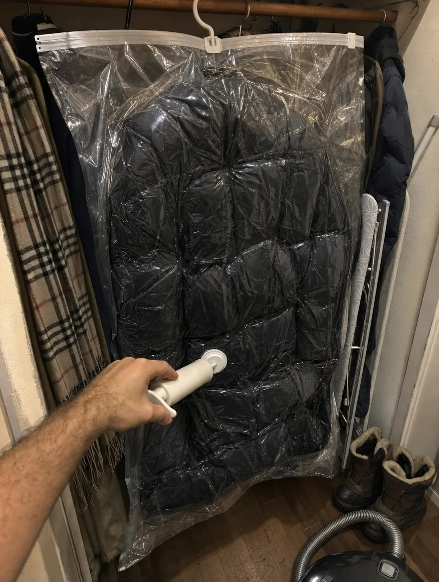 Customer photo: SupremeStorage hand pump on the valve of a bag holding a puffer jacket