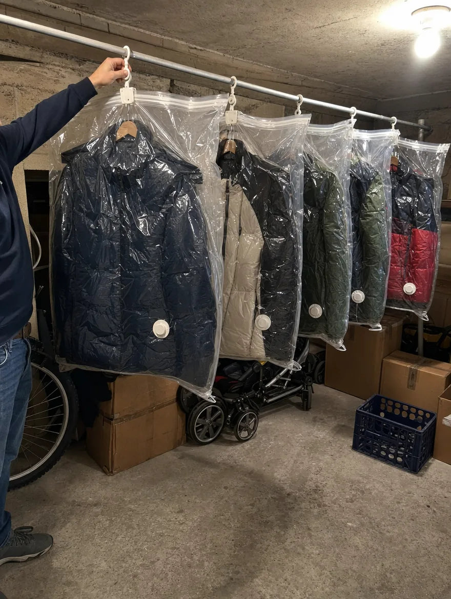 Customer photo: five SupremeStorage bags hanging on a basement rod