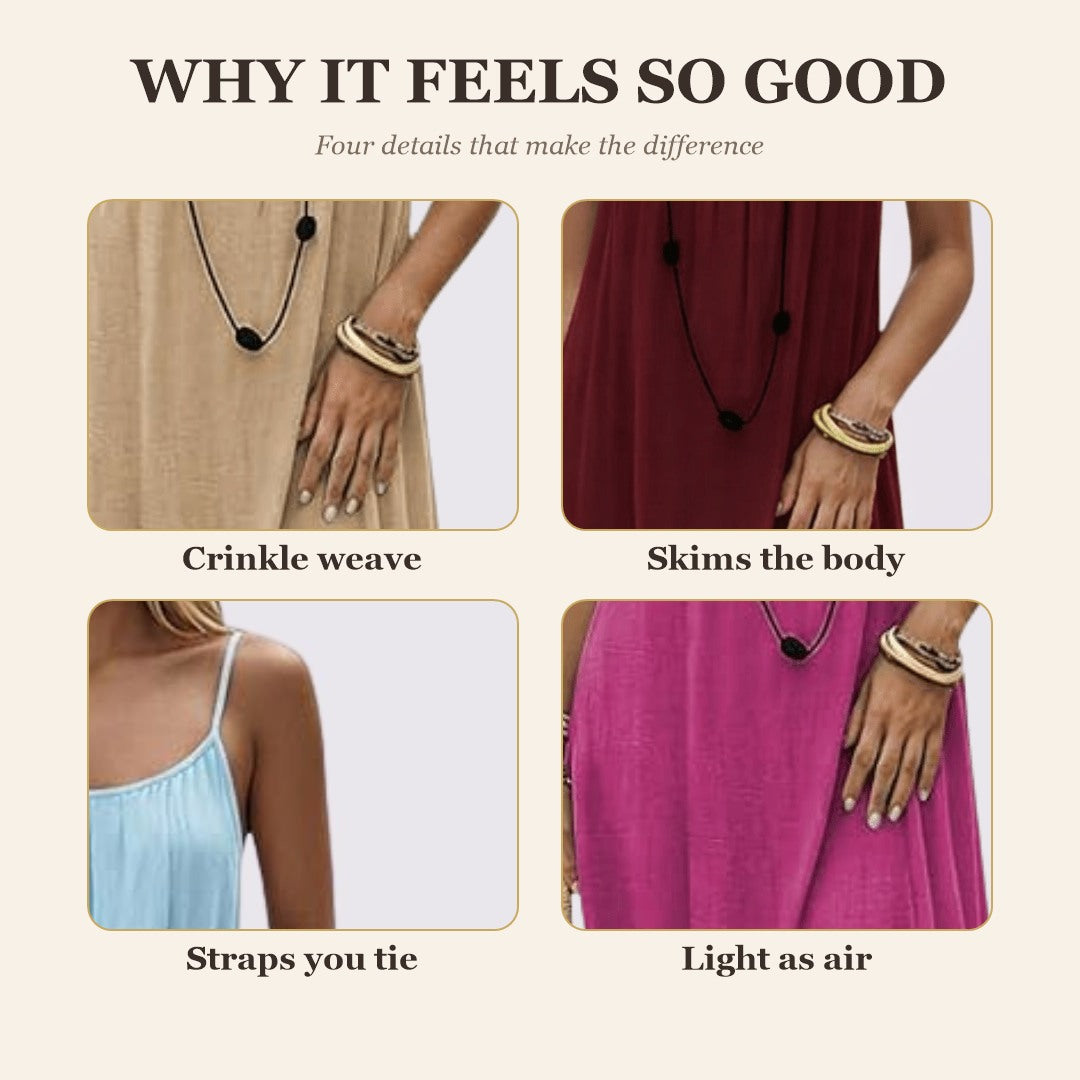 Why it feels so good: crinkle weave, skims the body, straps you tie, light as air