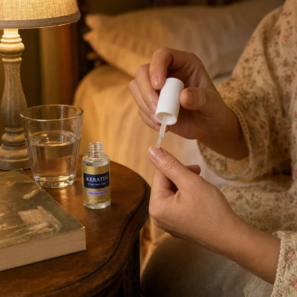Woman applying VitaNails serum at night on her nightstand