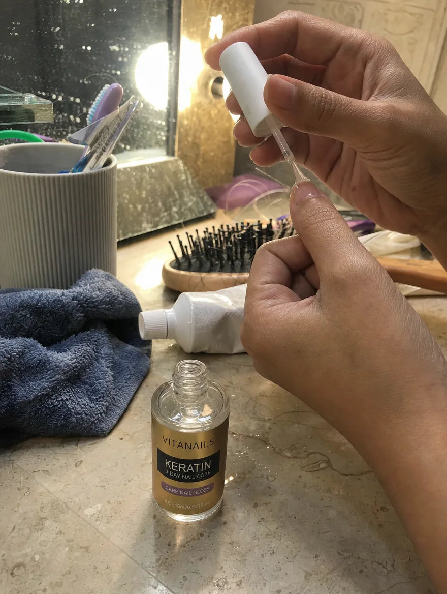 Customer photo: VitaNails brushed on at night on a bathroom counter