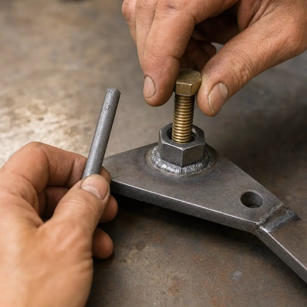 Welded nut with a bolt threaded into it