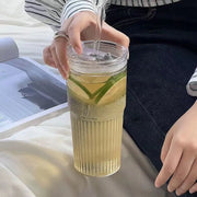 Stripe Glass Cup with Lid and Straw