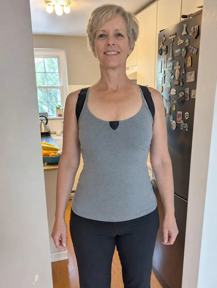 Customer photo: from the front, upright posture and open shoulders with the PostureBra